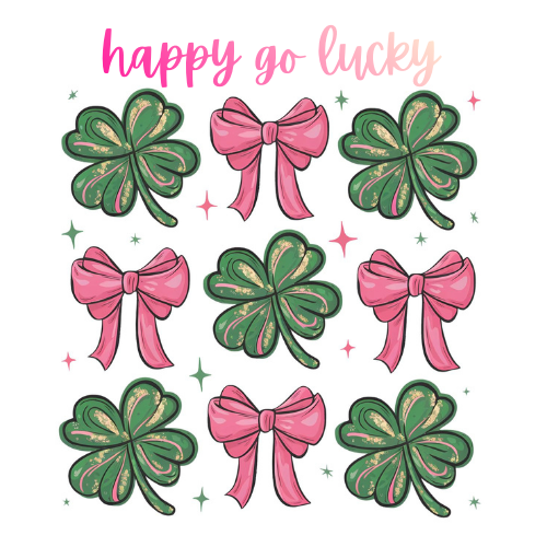 Decorative design with green clovers and pink bows on a white background, featuring the text 'happy go lucky'.
