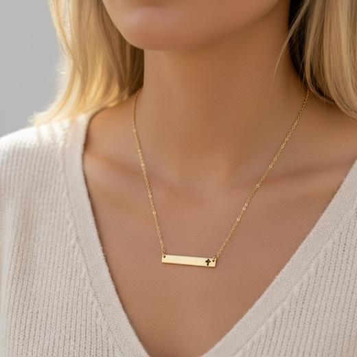 Engraved Bar Necklace Cutout Cross | Personalized Name Plate Necklace