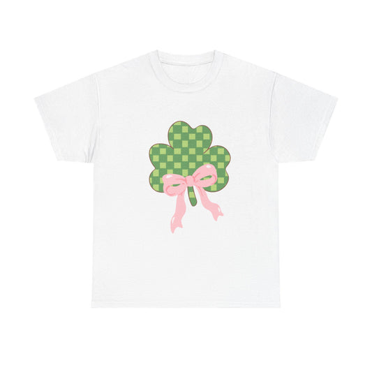 Green Checkerboard Shamrock T-Shirt | Pink Bow Clover Tee