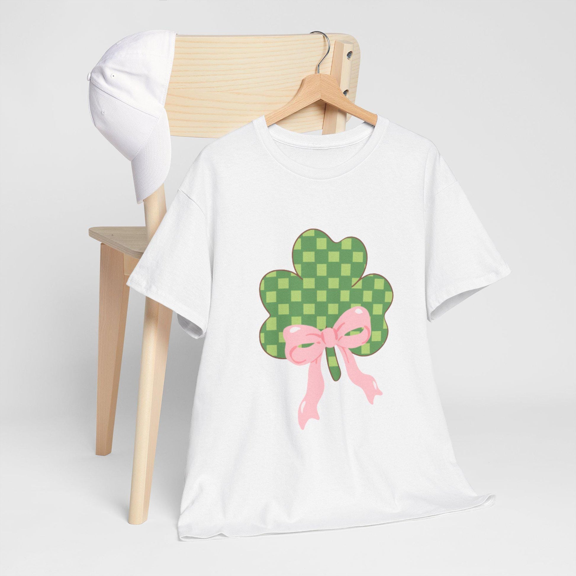 Green Checkerboard Shamrock T-Shirt | Pink Bow Clover Tee