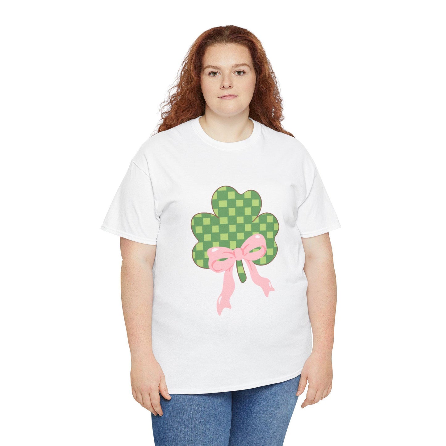 Green Checkerboard Shamrock T-Shirt | Pink Bow Clover Tee