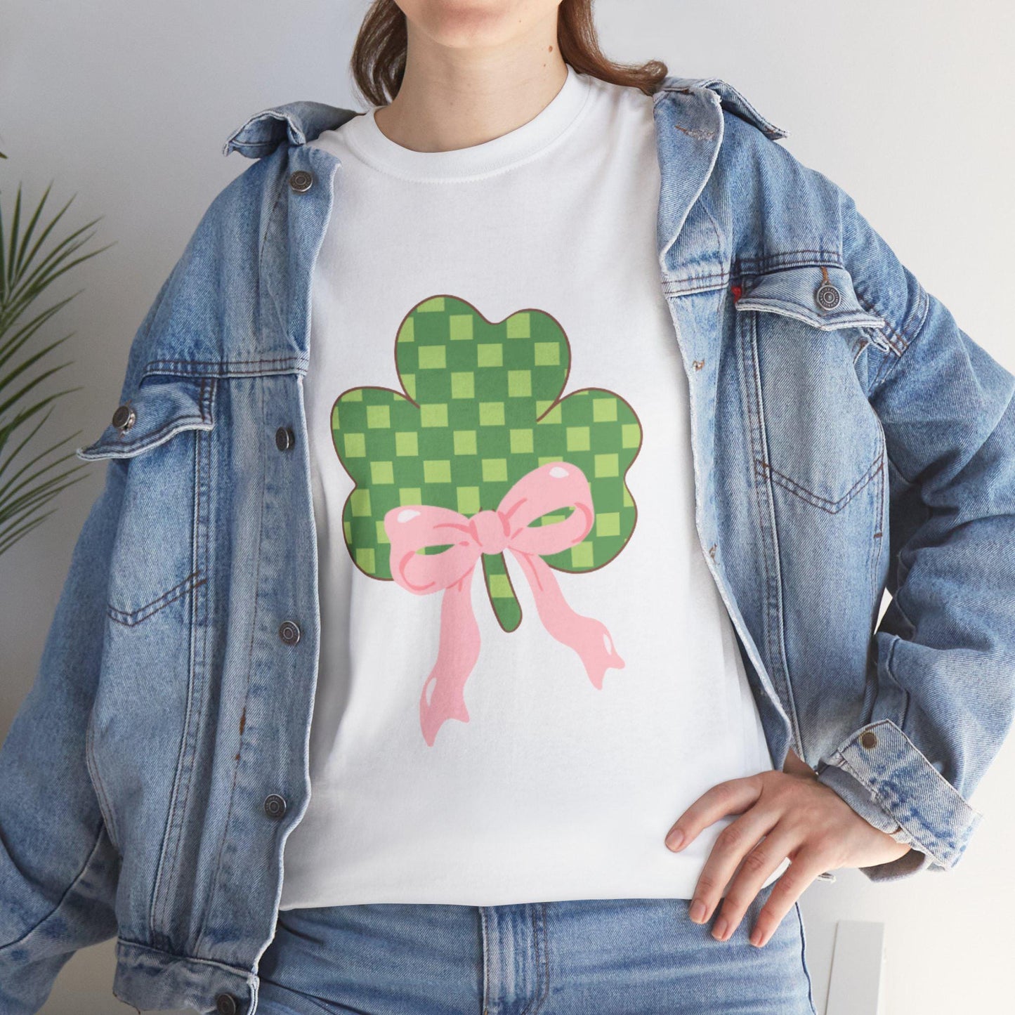 Green Checkerboard Shamrock T-Shirt | Pink Bow Clover Tee