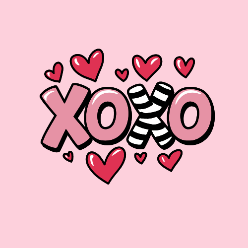XOXO text with hearts on a pink background