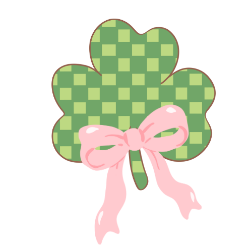 Green checkered four-leaf clover with a pink bow on a white background