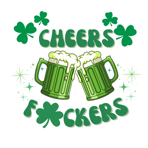St. Patrick's Day-themed graphic with green beer mugs, shamrocks, and text on a white background.