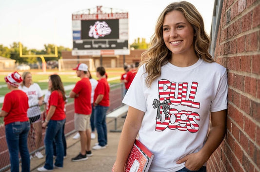 Kilgore Bulldogs bow and high school spirit shirt