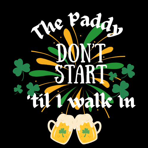 St. Patrick's Day-themed graphic with text and beer mugs on a black background